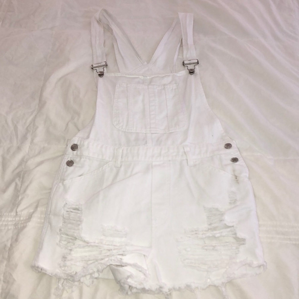 White Distressed Denim Overalls
